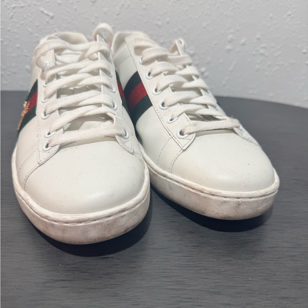 Gucci White Leather Sneakers with Green & Red Web and Gold Bee - Picture 5 of 12